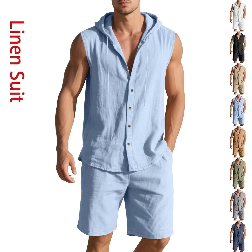 Herren Freizeit Leinen Oberteil Und Unterteil Kapuze Ärmellos Hemd Kordelzug Shorts Atmungsaktiv Gewebt Einfarbig Sommerurlaub Strandbekleidung