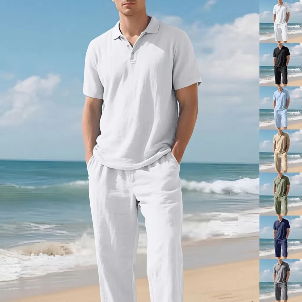 Men Summer Linen Suit Casual Short Sleeve Polo Shirt And 3/4 Pants Top And Bottom Breathable Beach Vacation Outfit