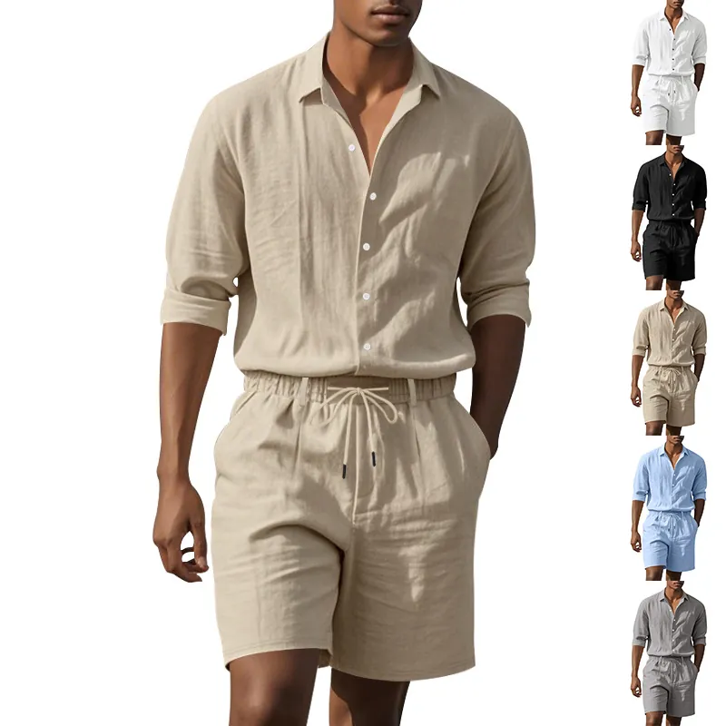 Men Linen Shirt And Shorts Top And Bottom American Style Loose Beach Long Sleeve Casual Summer Vacation Outfit Minimalist Breathable Apparel