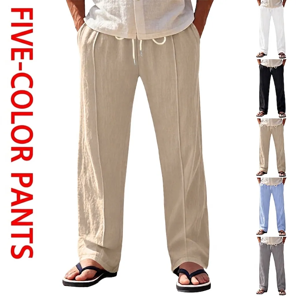 Men Casual Linen Pants Breathable Wide Leg Drawstring Trousers Loose Straight Summer Beach Long Pants Bottom