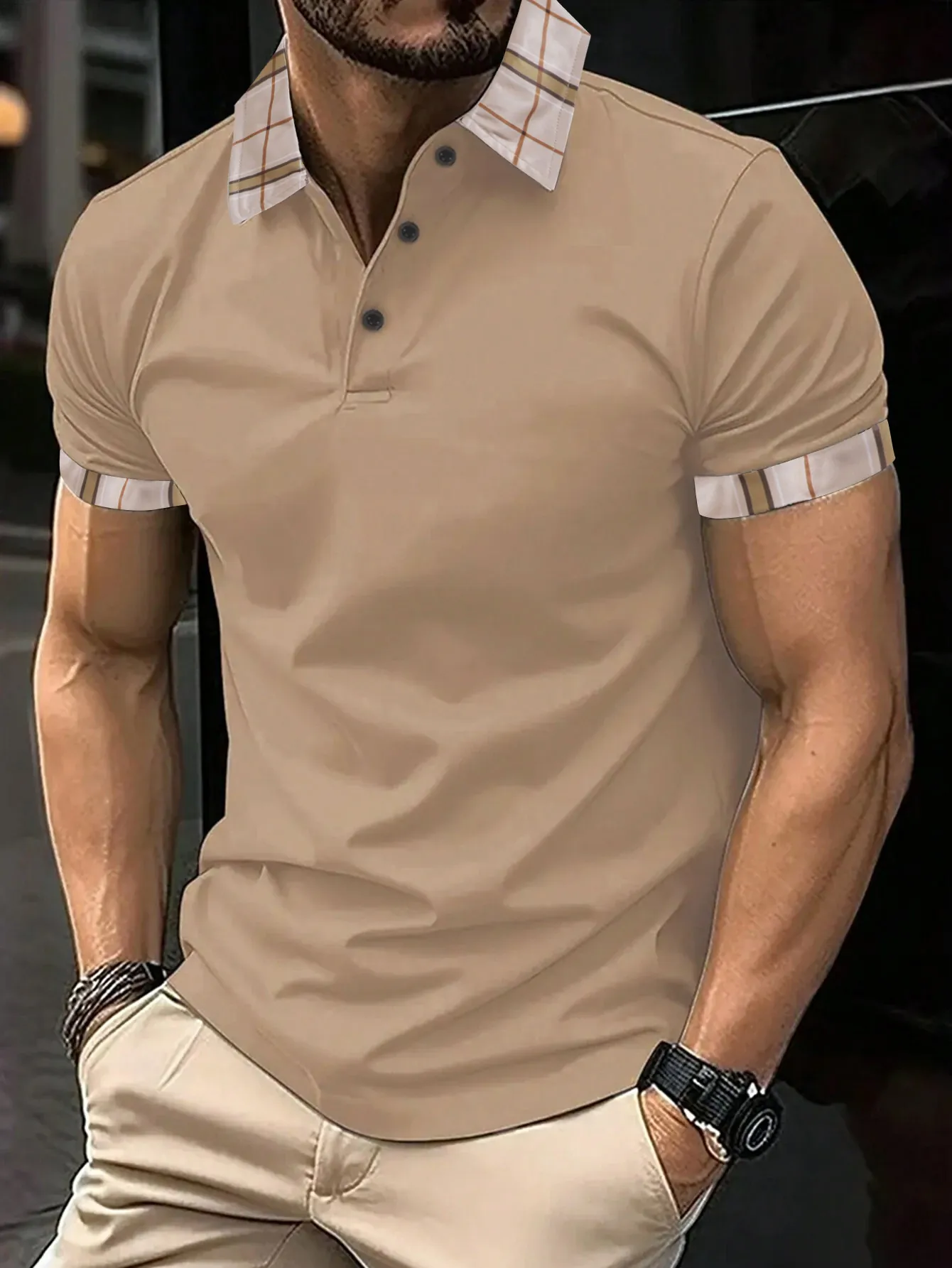 Men Summer Casual Plaid Polo Shirt Short Sleeve Waffle Texture Breathable Button Top For Outdoor Sports Fashion Apparel
