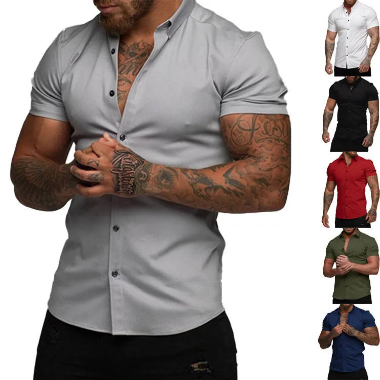 Muscle Fit Men Short Sleeve Shirt Polyester Spandex Slim Fit Turn Down Collar Solid Color Button Down Summer Casual Top