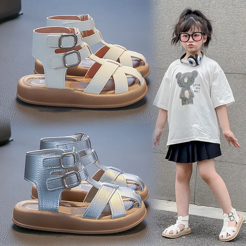 Mädchen Sommer Weberei Römische Sandalen Atmungsaktive Geschlossene Zehen Prinzessin Sandalen Für Kinder Kunstleder Weiche Sohle Strand Schuhe
