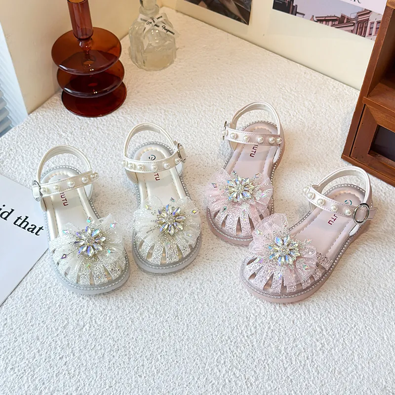 Kinder Mädchen Sandalen Sommer Schleife Strass Prinzessin Schuhe Geschlossene Zehen Strandschuhe Performance Party PU Perle