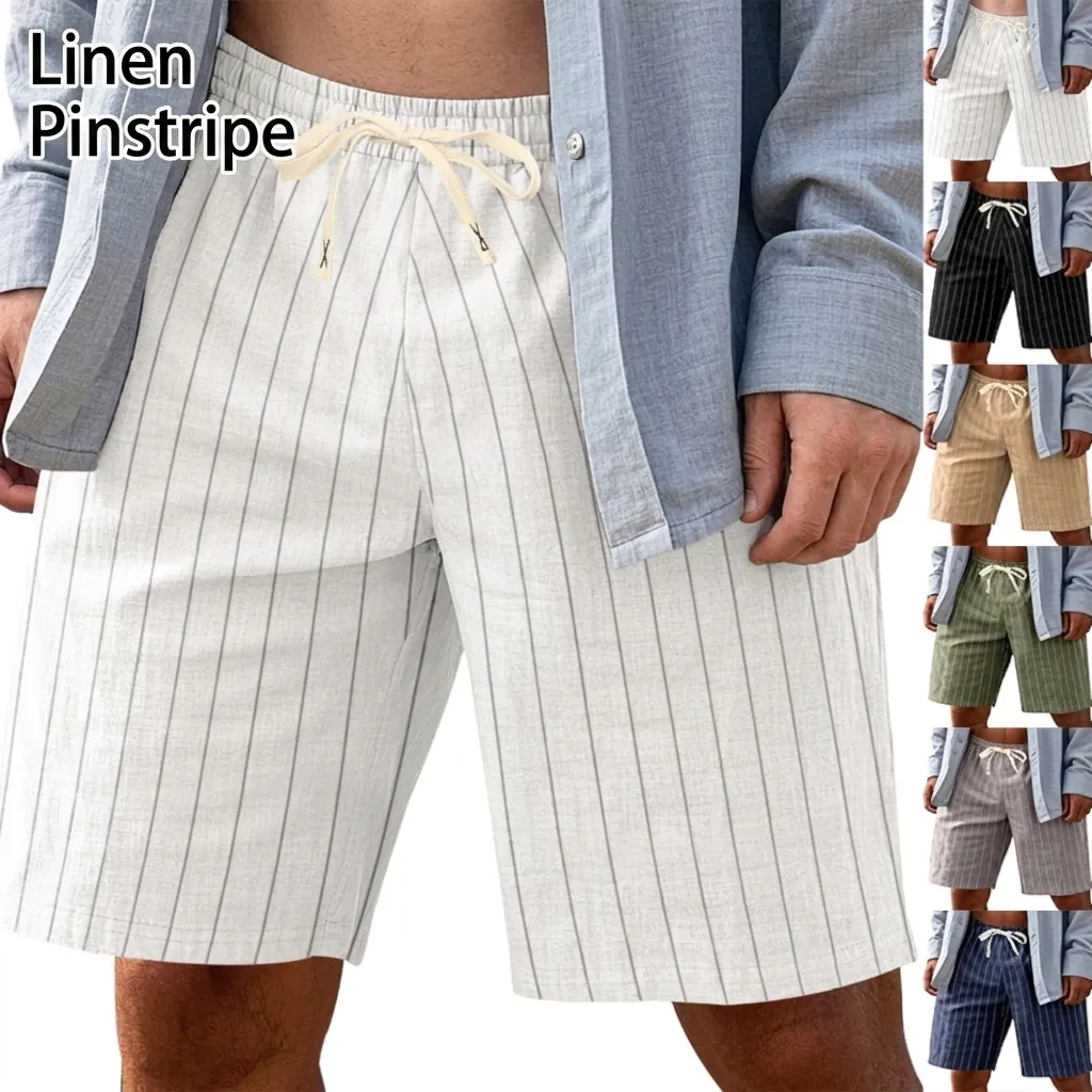 Men Linen Blend Vertical Striped Beach Shorts American Style Casual Drawstring Loose Breathable Mid-Thigh Bottom For Summer