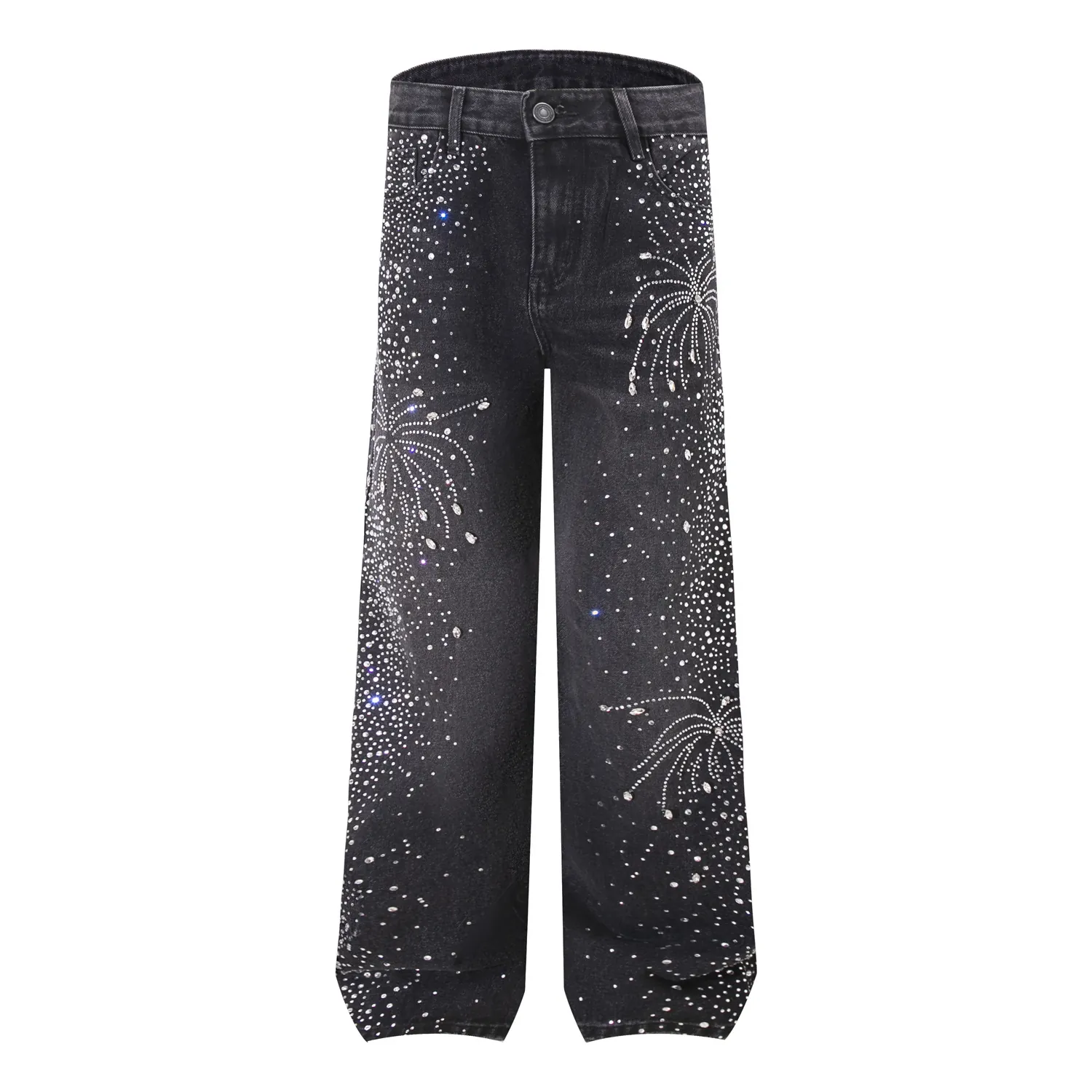 Men's Loose Straight Rhinestone Jeans Streetwear Firework Pattern Baggy Denim Pants Modal Rabbit Hair Cotton Washed Trousers
