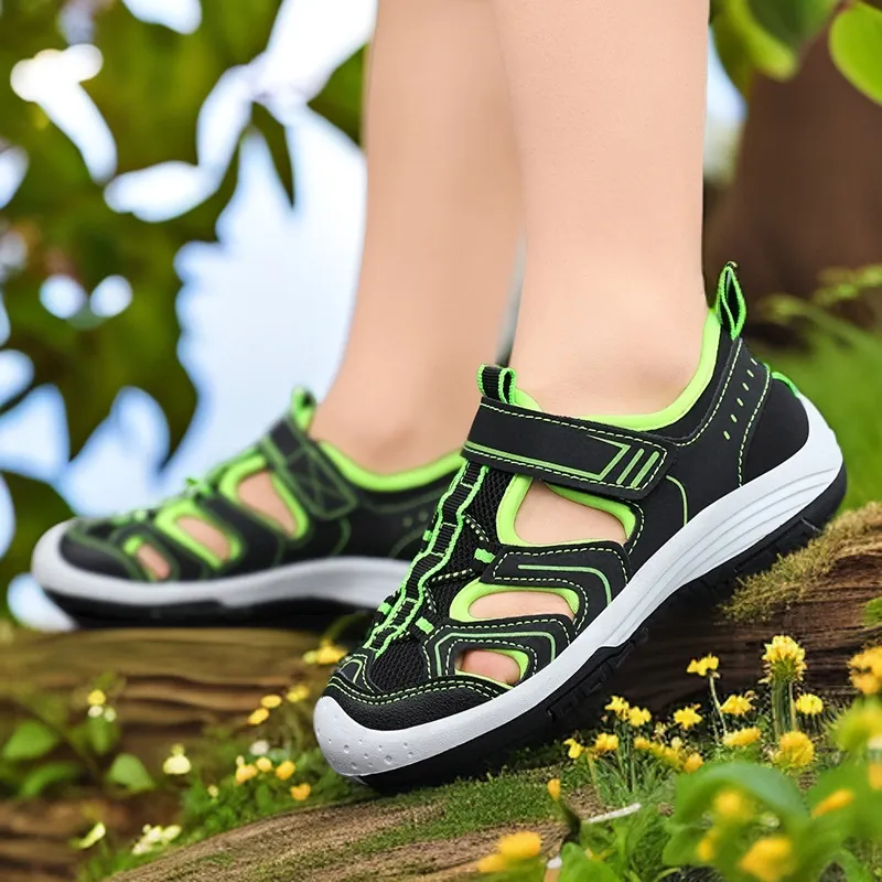 Kinder Sport Sandalen Sommer Atmungsaktiv Hohl Mesh Gewebe Jungen Strandschuhe Rutschfest Gummisohle Klettverschluss Outdoor Sandalen