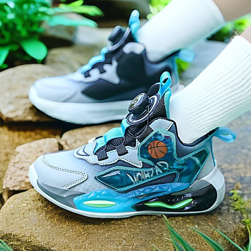 Kids Basketball Shoes Mesh Breathable Rotary Buckle Boys Sport Sneakers Casual Outdoor Athletic Shoes