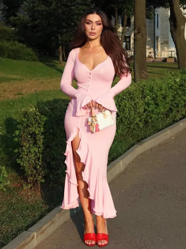 Women Sexy V-Neck Long Sleeve Ruffle Split Maxi Dress Slim Fit Milk Protein Fiber Solid Color Elegant Party Dress