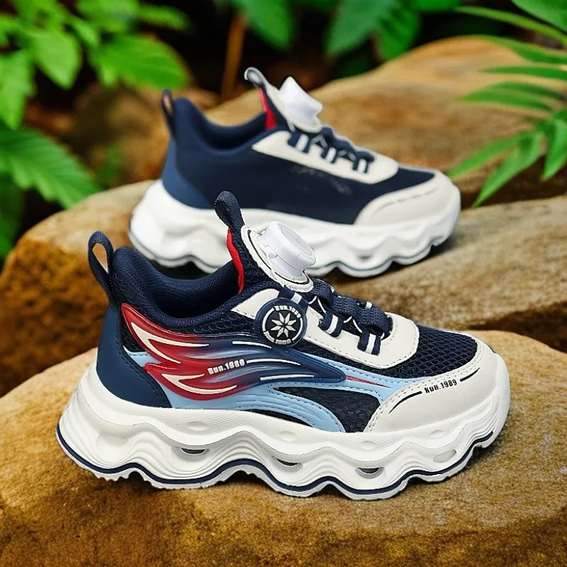 Kids Girls Breathable Mesh Sports Shoes 2025 Summer Lightweight Hollow Out Dad Shoes Rotating Knob Casual Running Sneakers