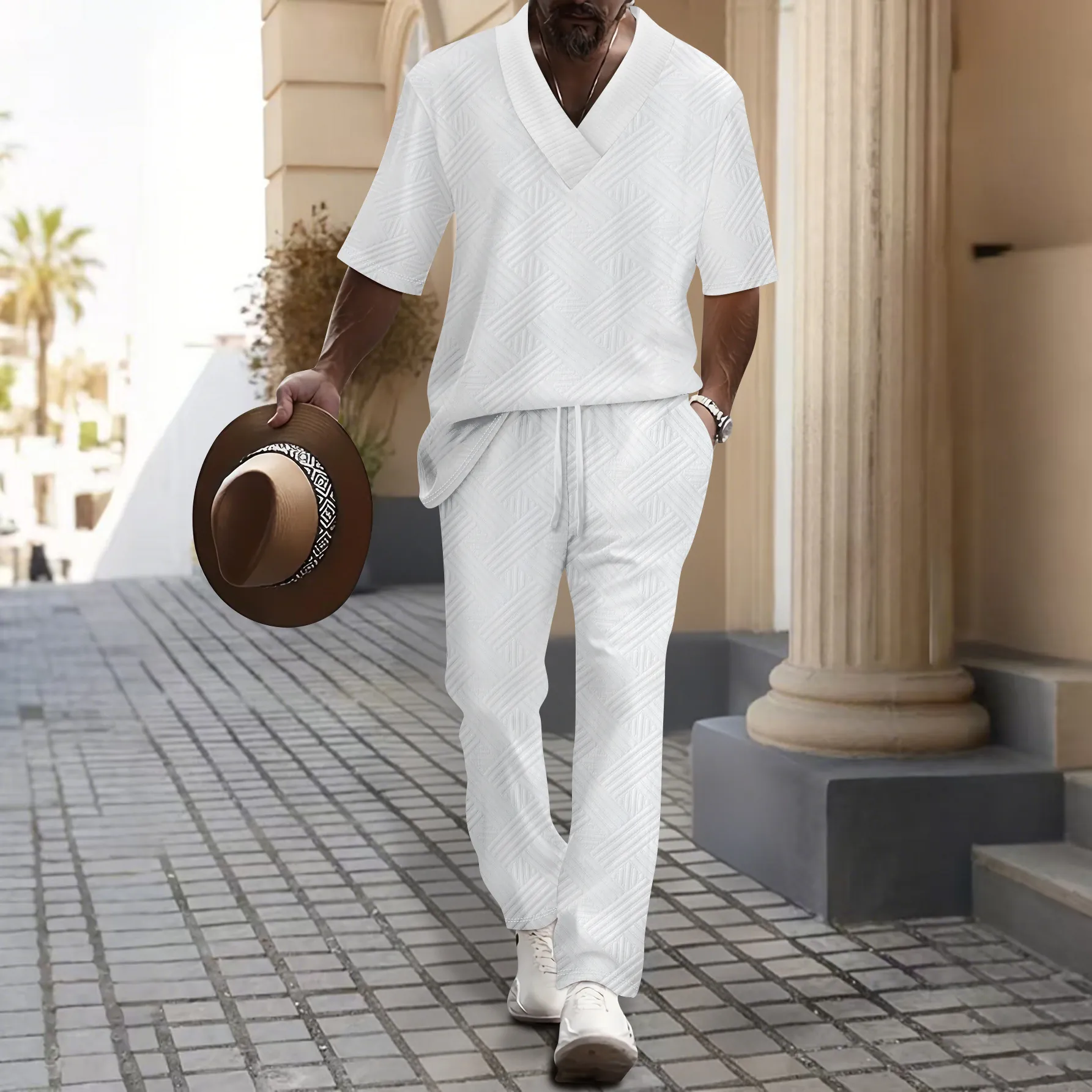 Men's Casual Jacquard Knitted Top And Bottom Summer V-Neck Short Sleeve Pullover And Drawstring Pants Two Piece Leisure Outfit