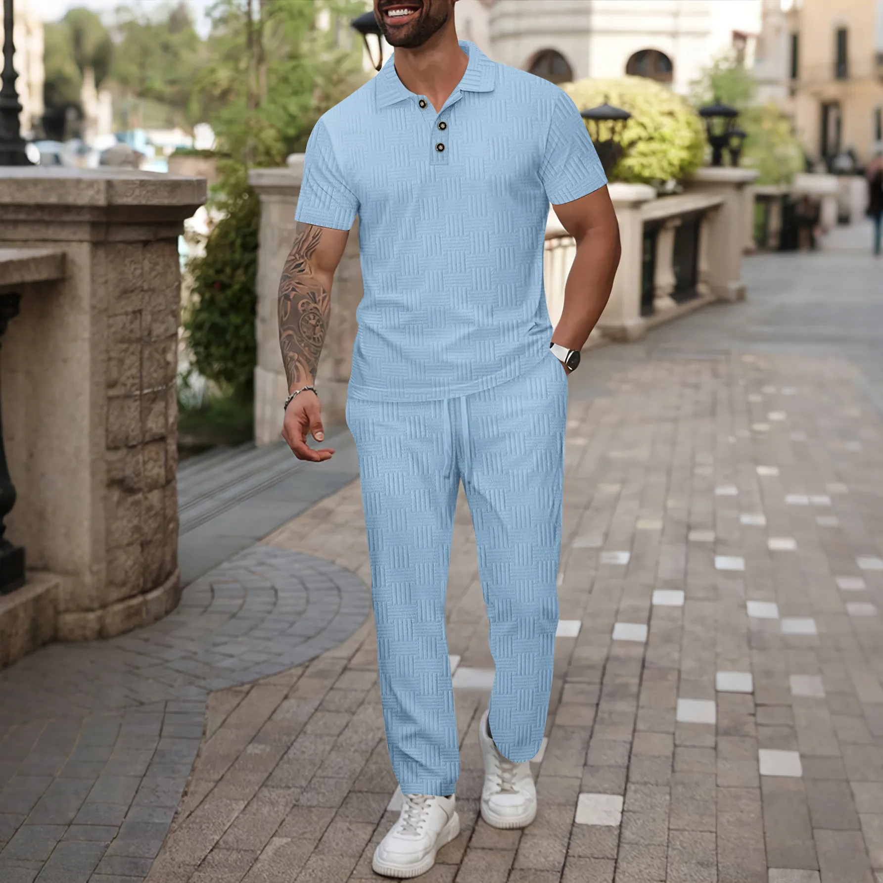 Men's Casual Polyester Jacquard Short Sleeve Polo Shirt And Long Pants Top And Bottom Set For Summer Outdoor Daily Wear