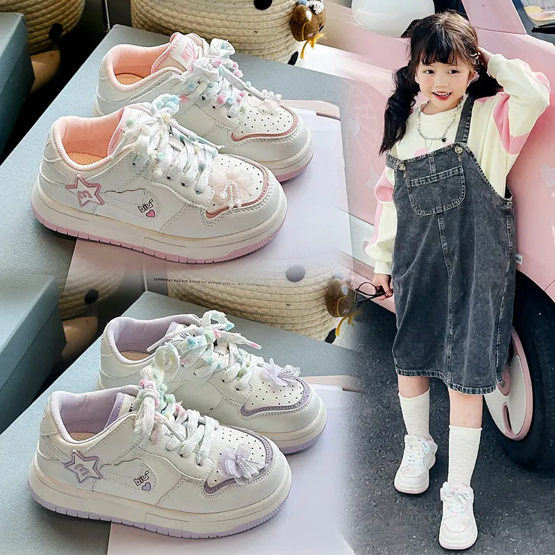 Mädchen Mode Plateau Sneaker Koreanischer Stil Weiße Skateschuhe Mit Bunten Schnürsenkeln Für Kinder Rosa Lila Lässige Sportschuhe