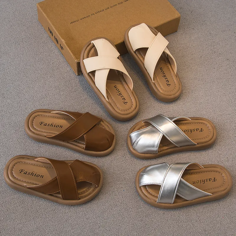 Pantuflas de Punta Cerrada para Niñas Moda de Verano Suela Blanda Correa Cruzada Zapatos de Princesa Cuero Sintético Sandalias Playa