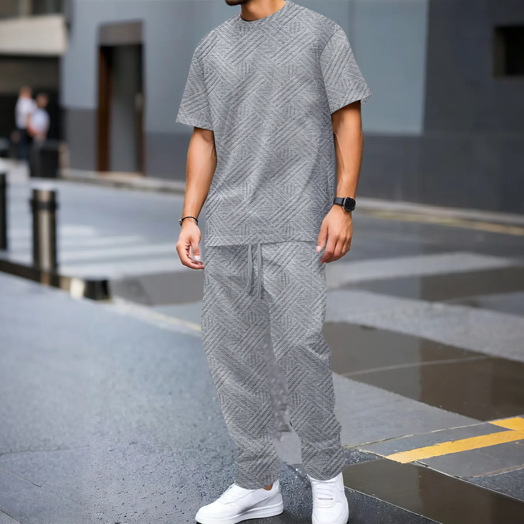 Men's Heavyweight Jacquard Casual Set Round Neck Short Sleeve Top And Bottom Summer Outdoor Leisure Two Piece Outfit