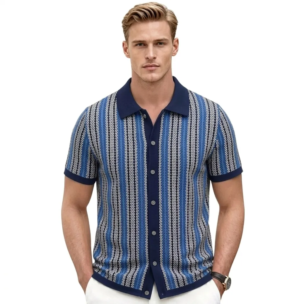 Men's Vintage Striped Jacquard Knitted Polo Shirt Casual Business Button Down Cardigan Short Sleeve Summer Top For Men