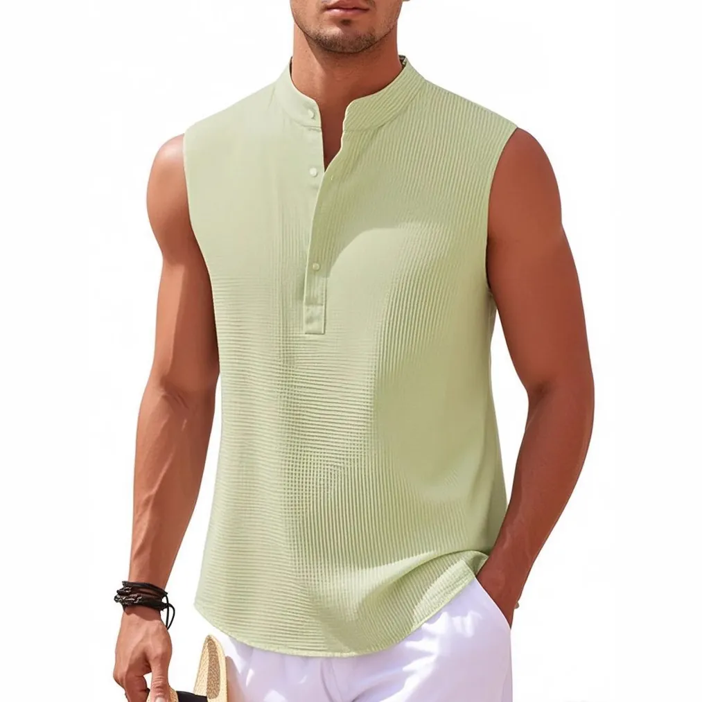 Débardeur Henley Décontracté sans Manches pour Hommes Été Fibre d'Acétate Texture Nervurée Col Montant Couleur Unie Haut