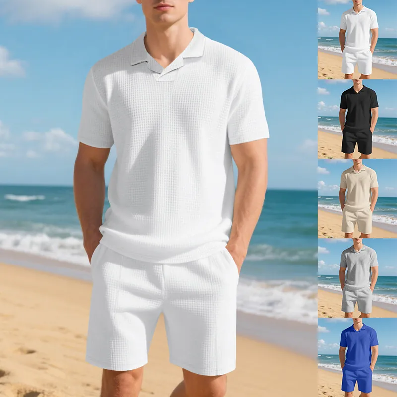 Men Casual Waffle Knit Polo Shirt And Shorts Set American Summer Short Sleeve Top And Bottom Leisure Beach Outfit Resort Wear