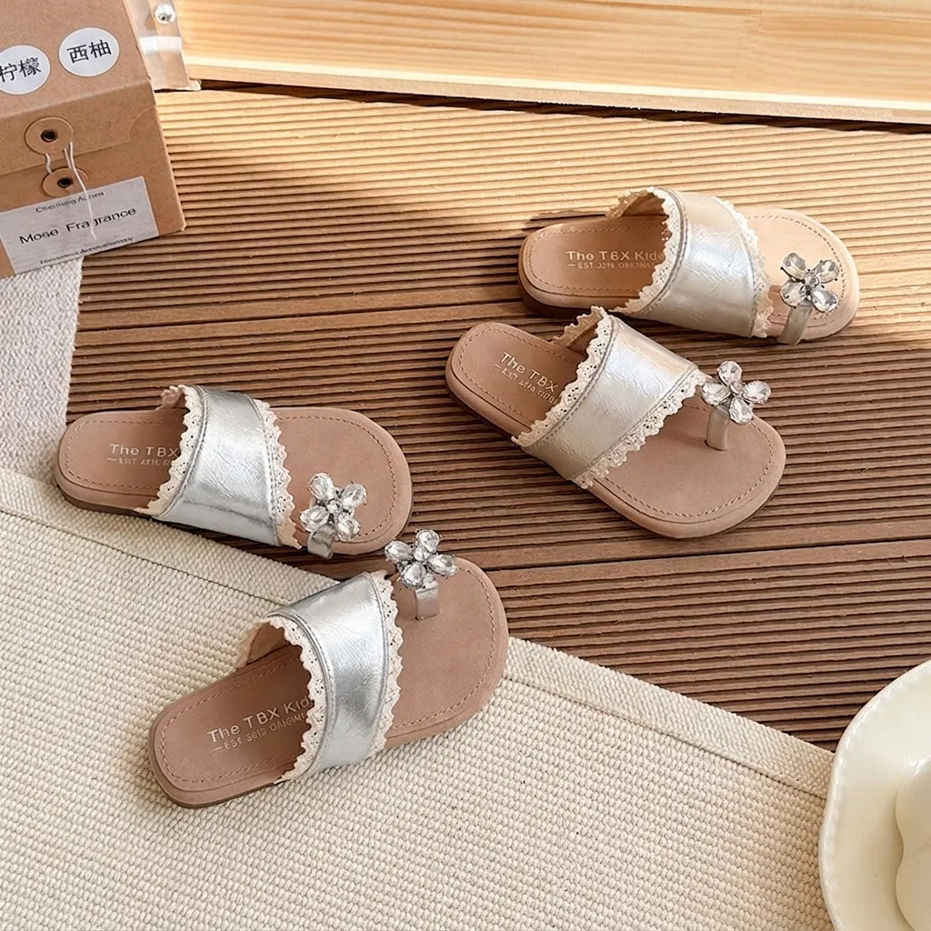 Pantuflas de Verano con Anillo de Punta de Encaje y Diamantes de Imitación para Niñas Sandalias Planas Estilo Princesa Francesa para Niños