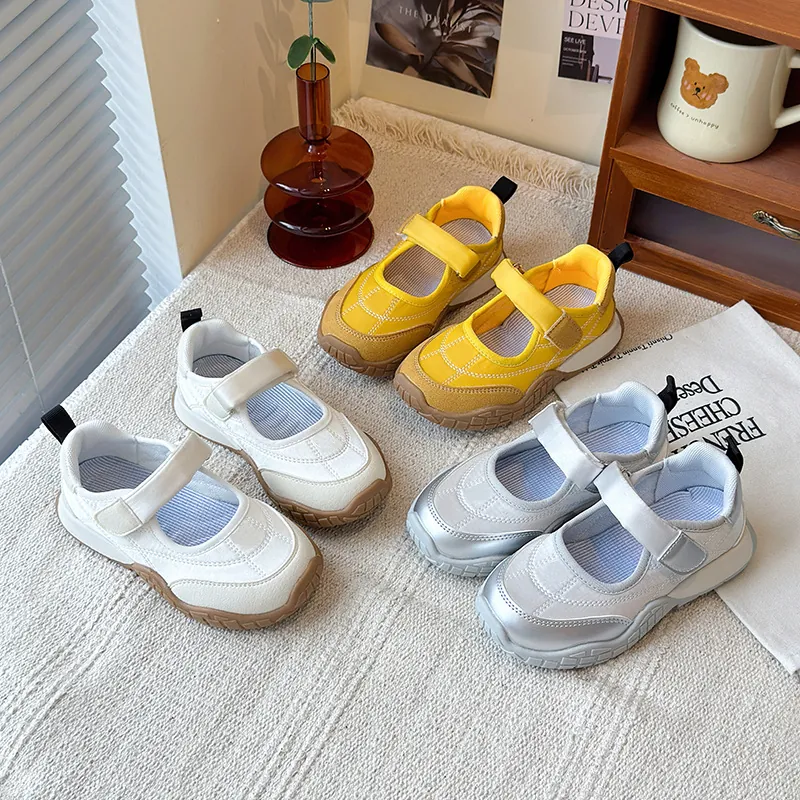 Zapatillas Mary Jane para Niñas de Malla y Cuero PU Patchwork con Cierre de Velcro Estilo Princesa Suela de Goma Informales