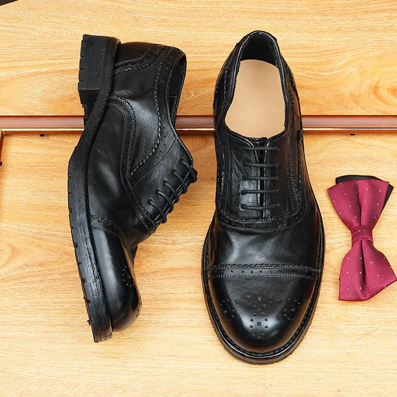 Zapatos Oxford de Hombre Vintage Goodyear Welted de Cuero de Caballo Brogue Británico Arrugas Lavadas Suela de Cuero Genuino Negocios Formales