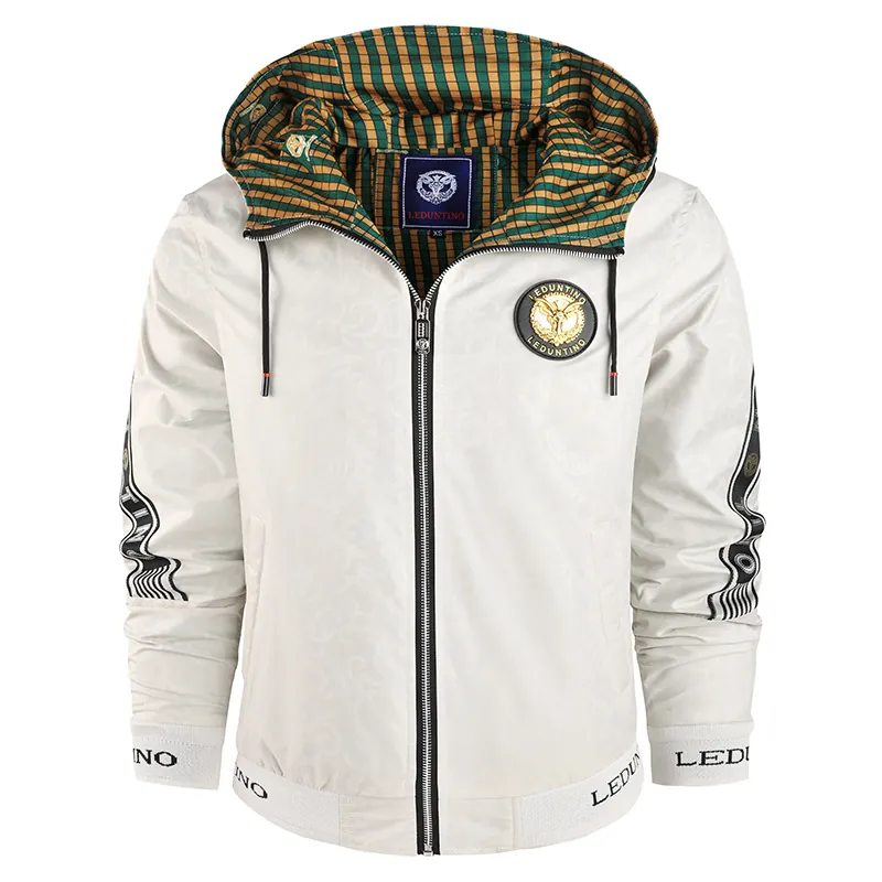 Men's Slim Fit Hooded Jacket Lightweight Polyester Embossed Windbreaker Casual Streetwear Outerwear Top