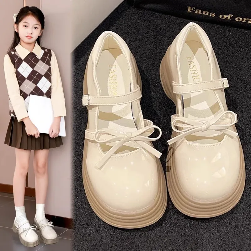 Zapatos Mary Jane para Niñas 2025 Otoño Nuevos Zapatos de Princesa para Niños Cuero Charol Suela Gruesa Lazo Zapatos de Fiesta
