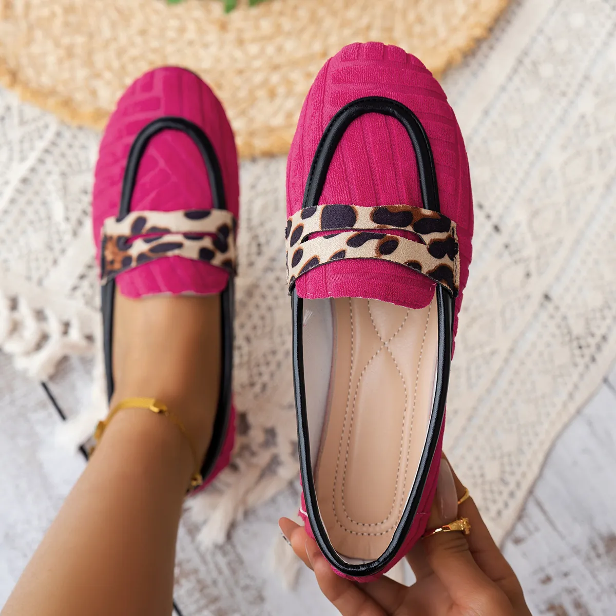 Mocasines de Lona Minimalistas para Mujer Zapatos Planos Color Sólido Con Estampado de Leopardo Slip-On Corte Bajo Zapatos Casuales Diarios