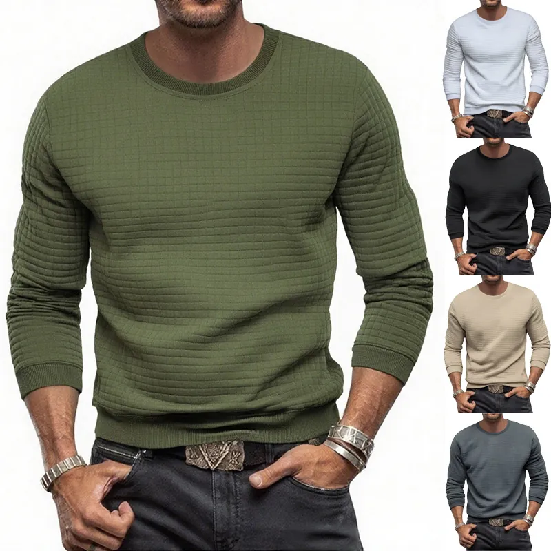 T-Shirt à Manches Longues en Maille Gauffrée pour Hommes Décontracté Coupe Ajustée Col Rond Polyester Pullover Couleur Unie