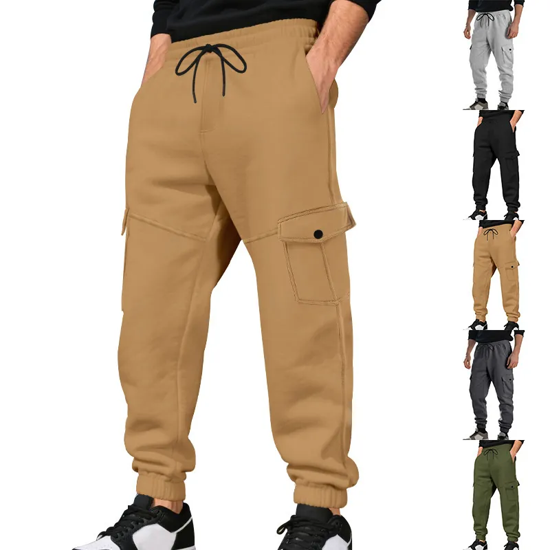 Heren Fleece Gevoerde Cargobroek Casual Losse Trekkoord Multi-Pocket Jogger Broek Winter Warme Outdoor Sportkleding Broek