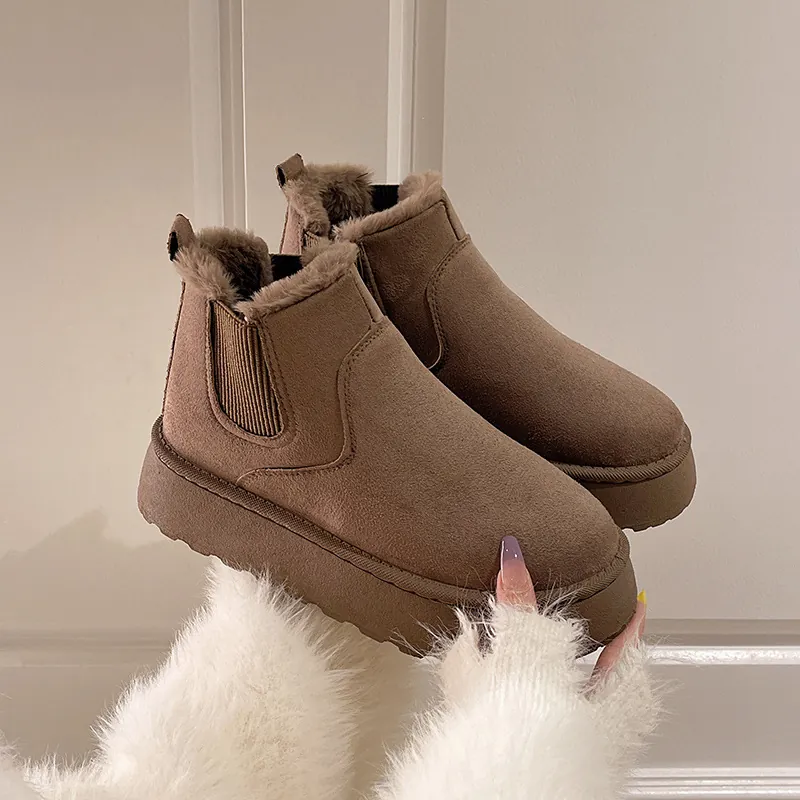 Women Winter Snow Boots Warm Plush Lining Platform Sole Slip On Short Boots Cotton Fabric Casual Non Slip Winter Shoes