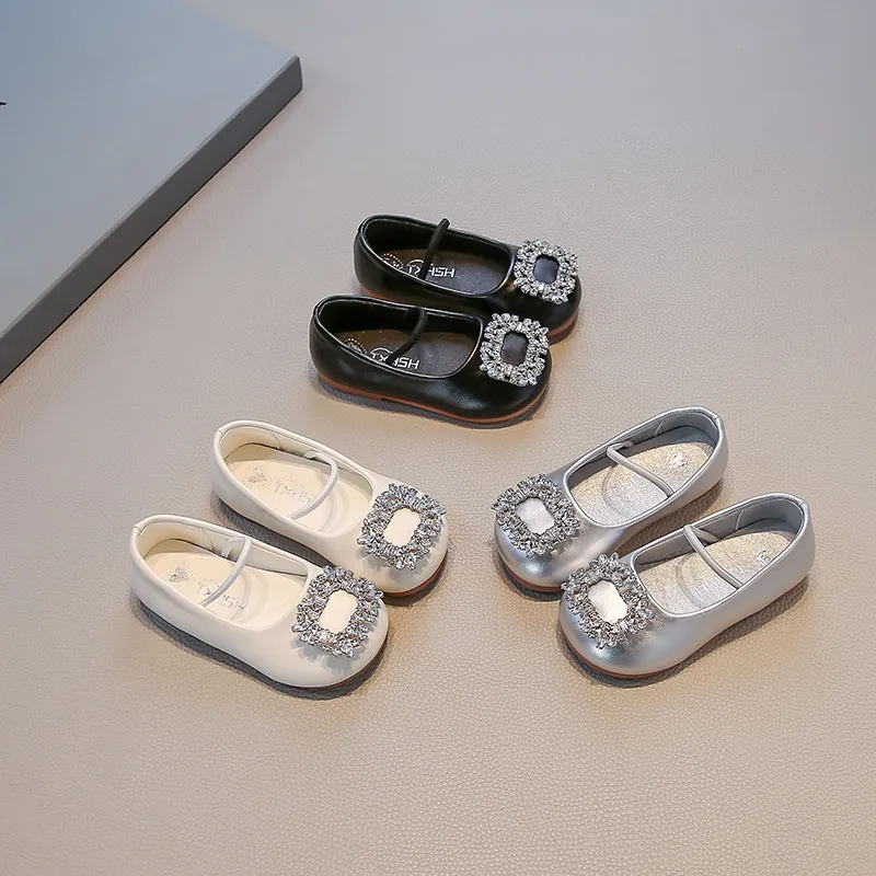 Girls Soft Synthetic Leather Princess Shoes Rhinestone Square Buckle Slip-On Ballet Flats For Toddler Kids Autumn Daily School