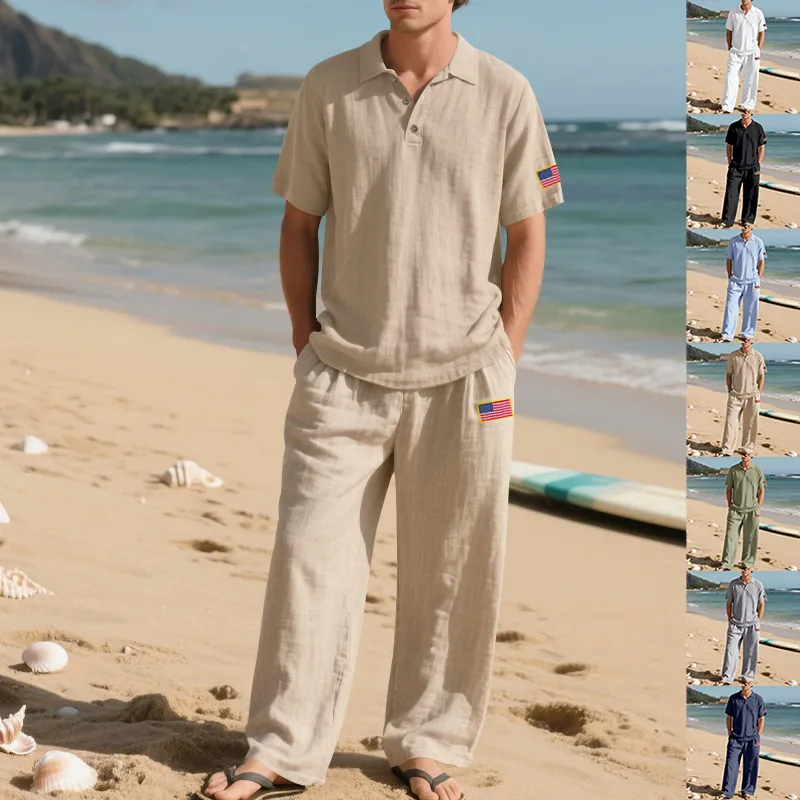 Heren Zomer Casual Linnen Outfits Amerikaanse Vlag Geborduurde Korte Mouw Poloshirt En Broek Top En Bottom Onafhankelijkheidsdag Strandpakken