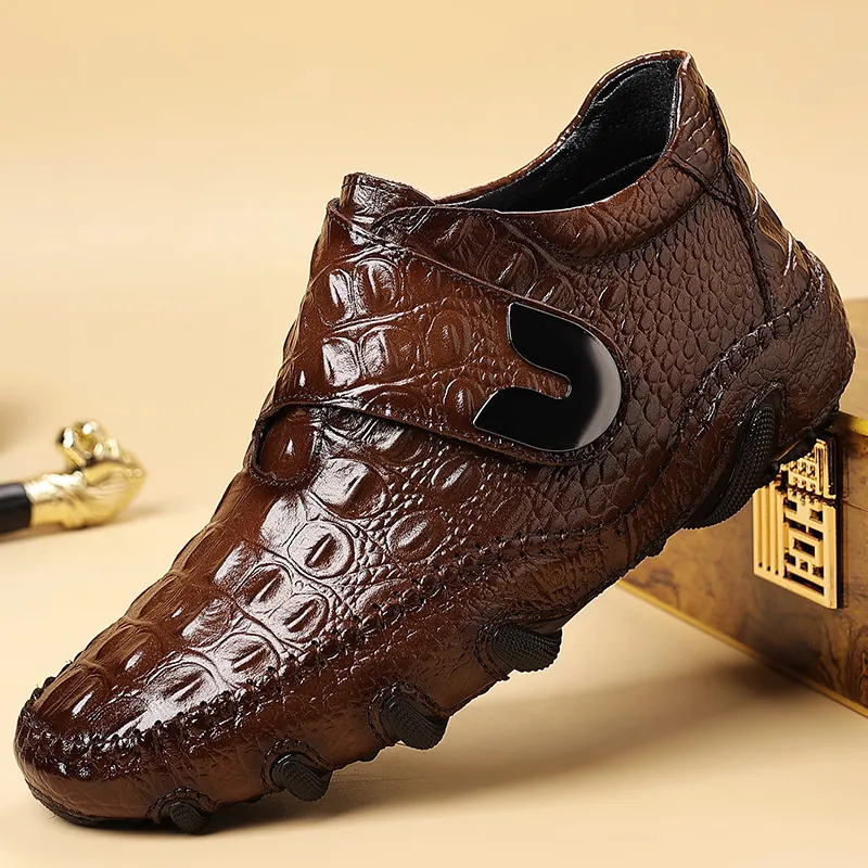 Men Martin Boots Echt Toplaag Rundleer Krokodillenpatroon Hoog Warme Pluche Winterlaarzen Antislip Rubberen Zool