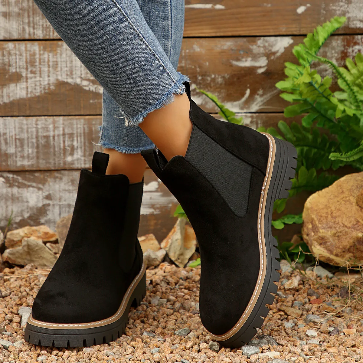 Botines Chelsea Estilo Británico para Mujer Plataforma Botines de Cuero PU Botas Martin Color Sólido Invierno Cálido Zapatos Casuales