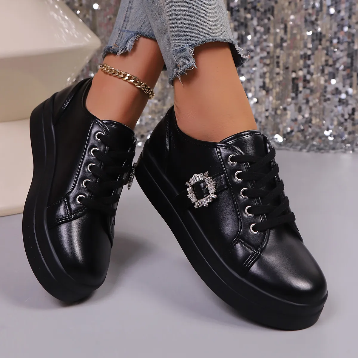 Dames Platform Sneakers Glanzende Strass Gesp Skateschoenen Modieuze Casual Dikke Zool Wandelschoenen