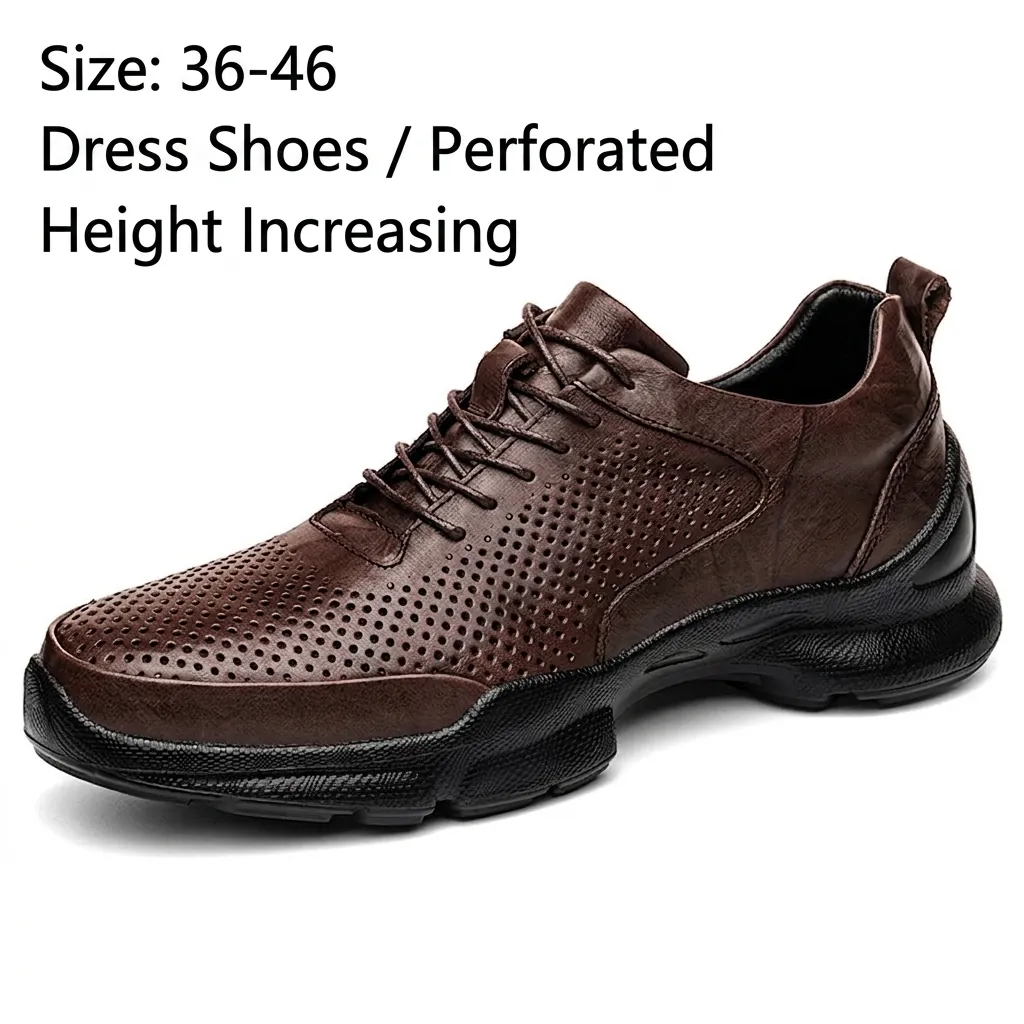 Men's Outdoor Walking Shoes Top Grain Cowhide Leather Hollow Breathable Non-slip Wear-resistant Height Increasing Business Casual Sneakers