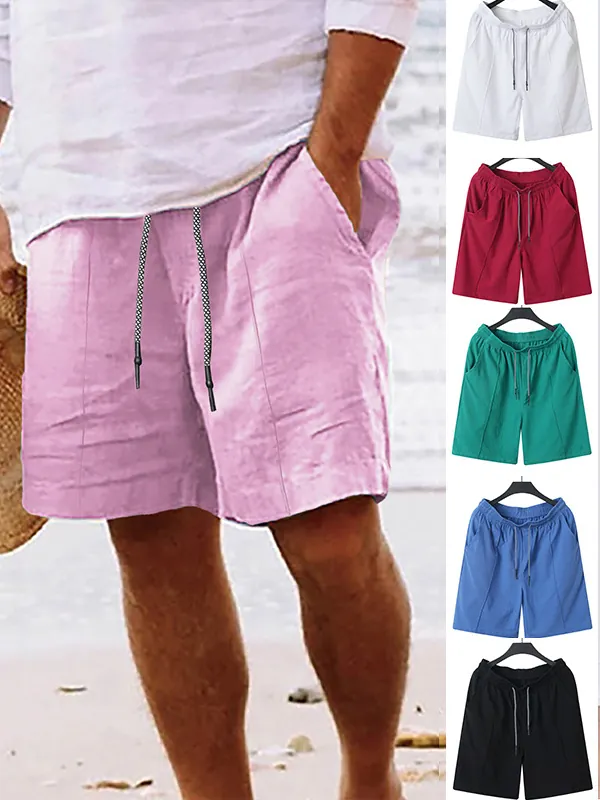 Men Summer Linen Cargo Shorts Casual Beach Bottoms With Drawstring Elastic Waist Breathable Cotton Polyester Blend Multi Pockets