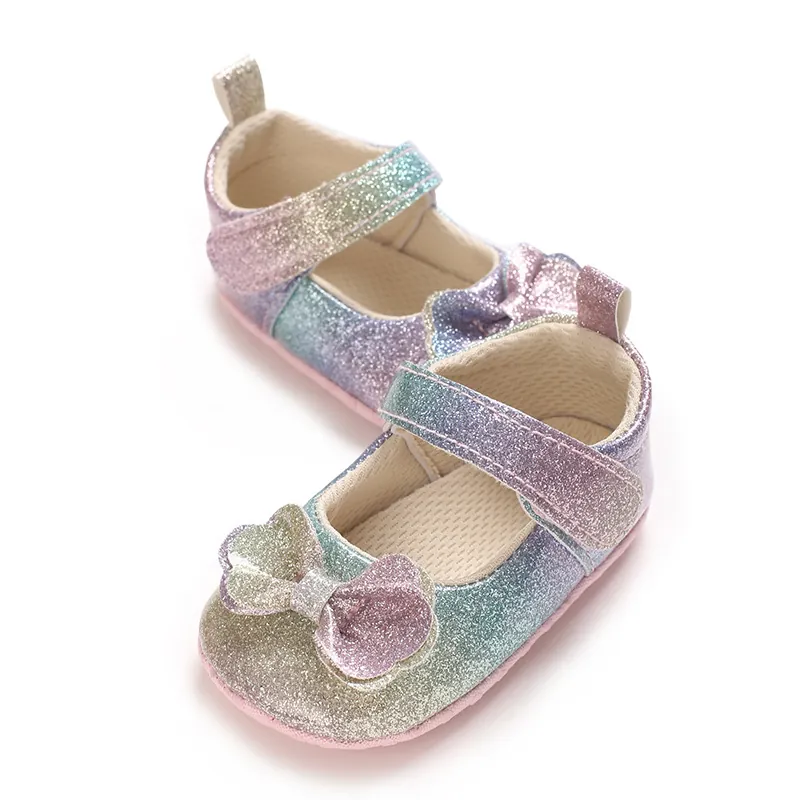 Chaussures de Princesse pour Bébé Fille Dégradé Arc-en-Ciel Paillettes Semelle Souple Nœud Chaussures Premier Pas
