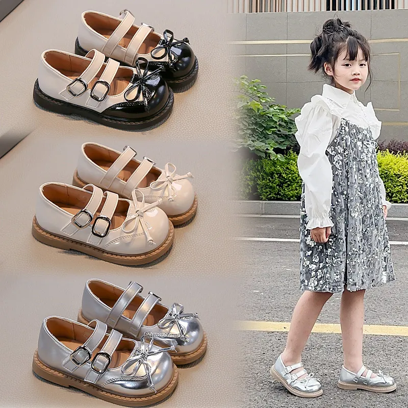 Girls Mary Jane Princess Shoes 2025 New Autumn Korean Style PU Leather Bow Flats Sweet Shiny Silver Loafers For Children