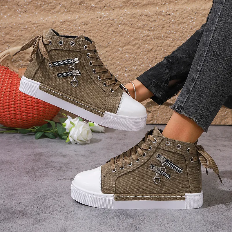 Women's High Top Canvas Sneakers Casual Flat Platform Board Shoes With Double Heart Zipper Bow Decoration Khaki Blue