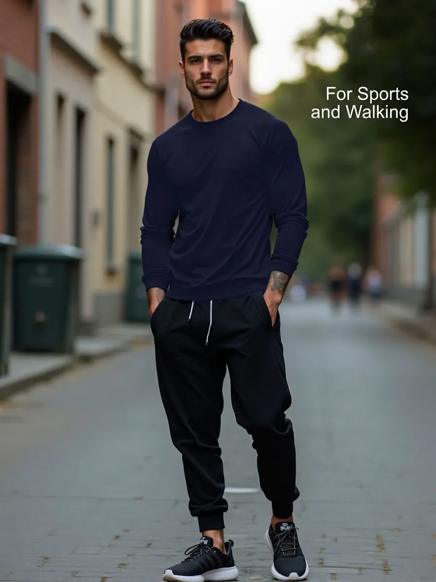 Men's Long Sleeve Cotton T-Shirt Basic Solid Color Round Neck Base Layer Top Casual Slim Fit Male Printed Undershirt