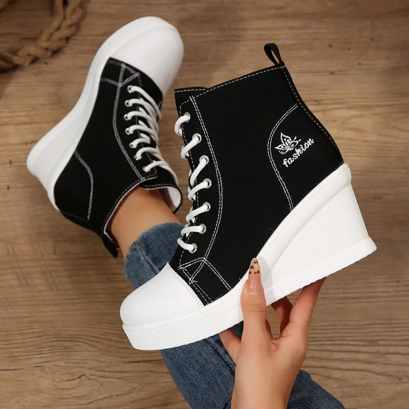Women Wedge High Top Canvas Shoes Fashionable Butterfly Embroidery Platform Sneakers Casual Lace Up Height Increasing Footwear