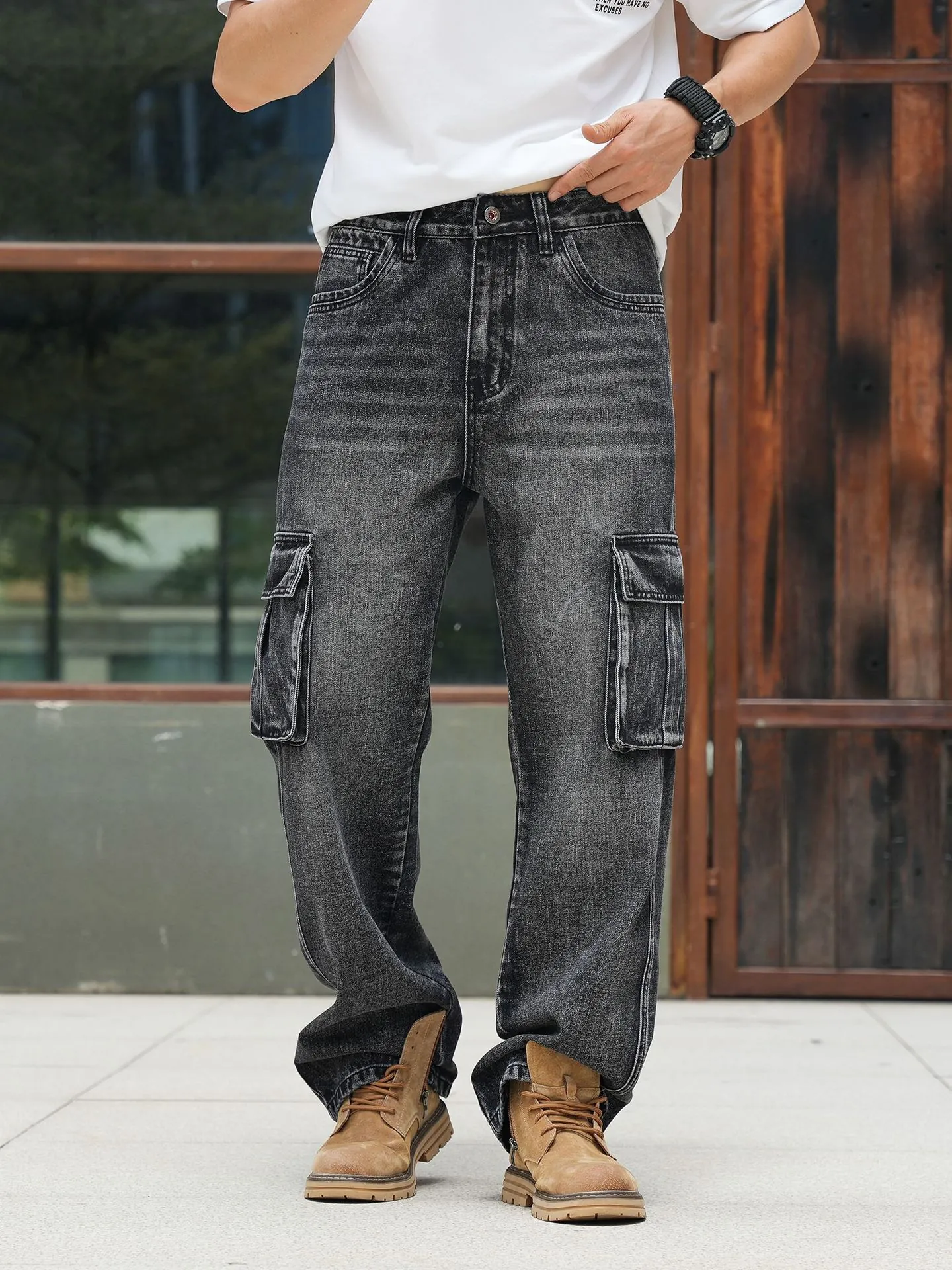 Men Wide Leg Loose Cargo Jeans Multi-Pockets Vintage Washed Cotton Denim Work Pants Streetwear Casual Baggy Bottoms Trousers