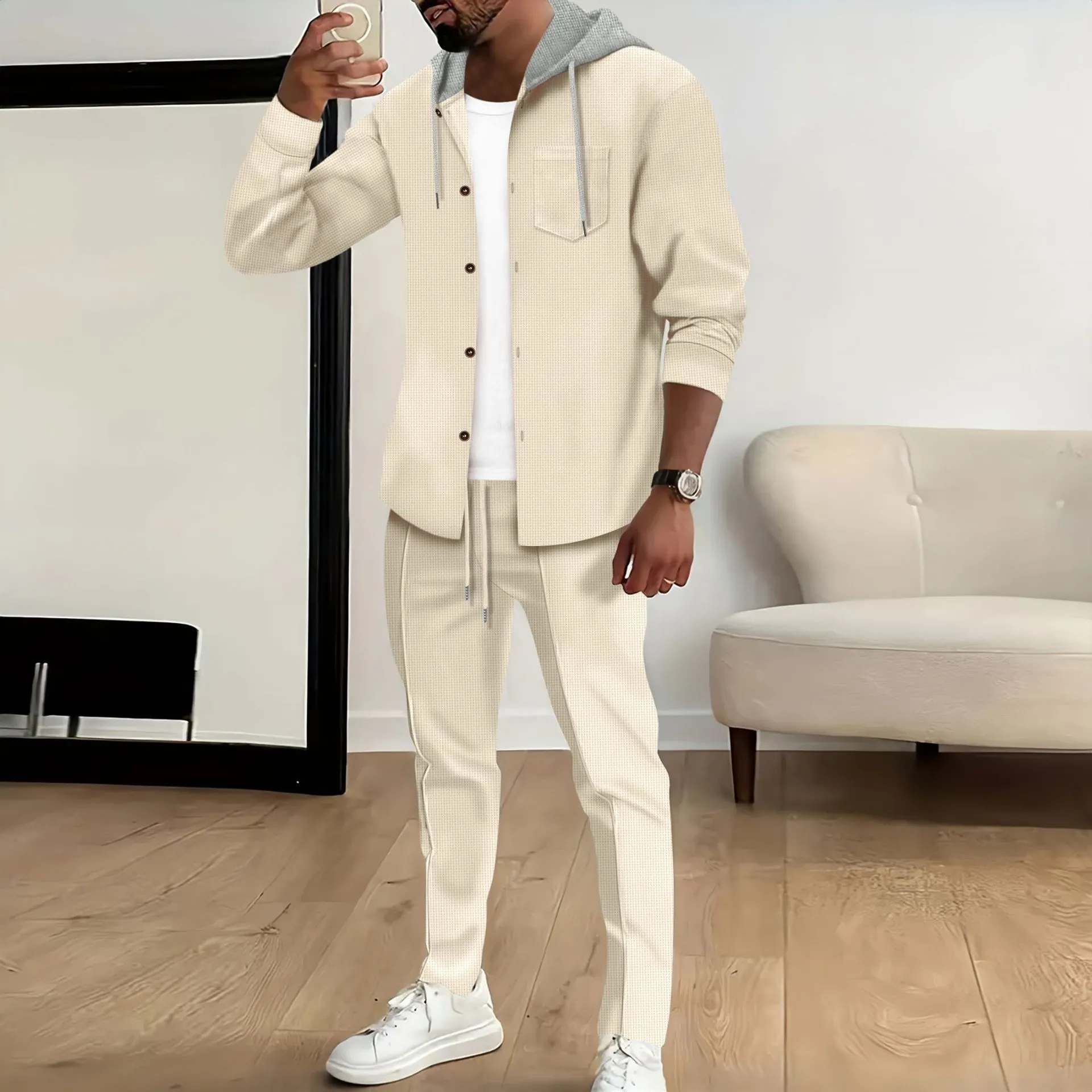 Herren Waffelstrick Kapuzenstrickjacke Und Hose Set Top And Bottom Casual Kontrastfarbe Langarm Outfits Mode Knopfleiste Streetwear Trainingsanzug