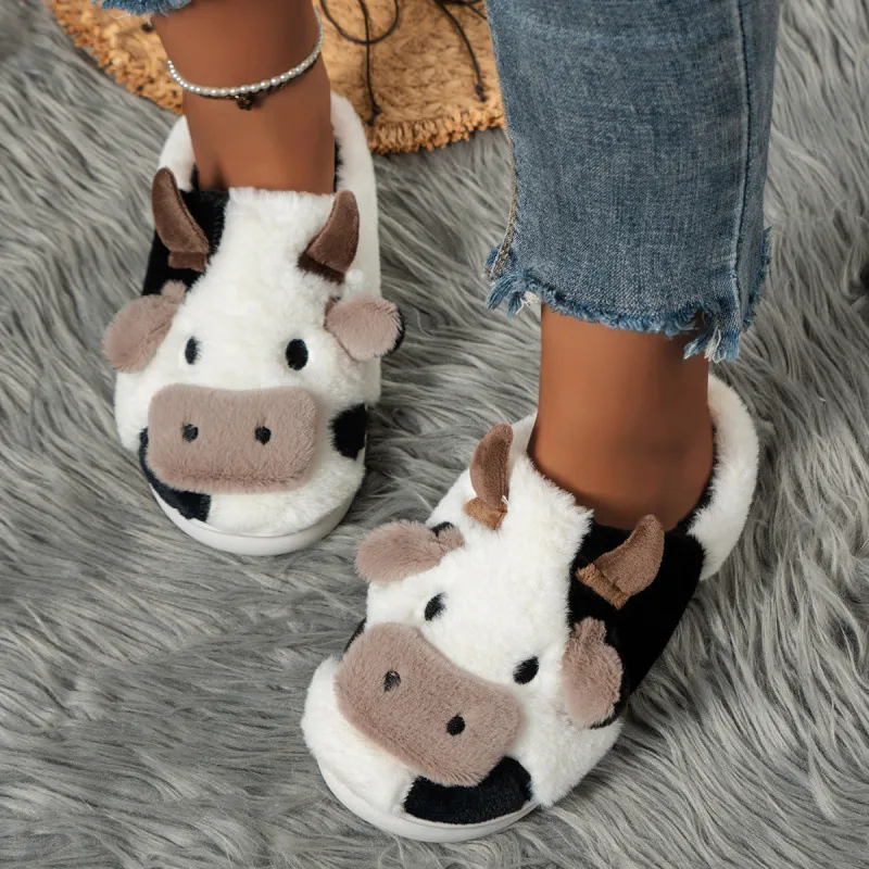 Schattige Cartoon Koe Pluche Pantoffels Voor Dames Heren Zachte Zool Warme Winter Hausschoenen Koepatroon Pluizige Indoor Slides