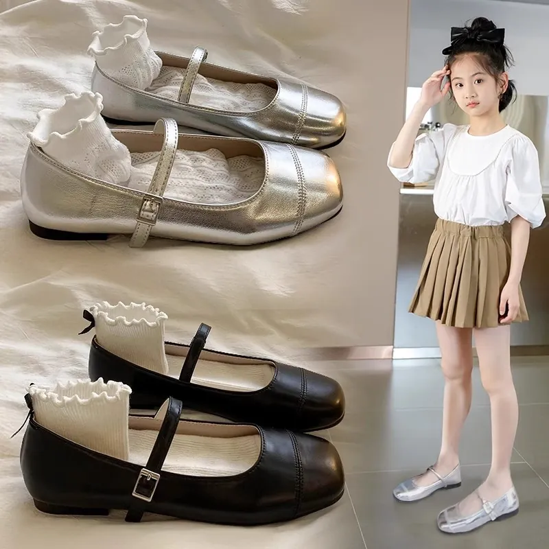 Chaussures Mary Jane de Princesse pour Filles Style Coréen Bout Carré Chaussures Plates pour Filles Mode Automne Boucle Cuir PU Chaussures de Fête de Mariage