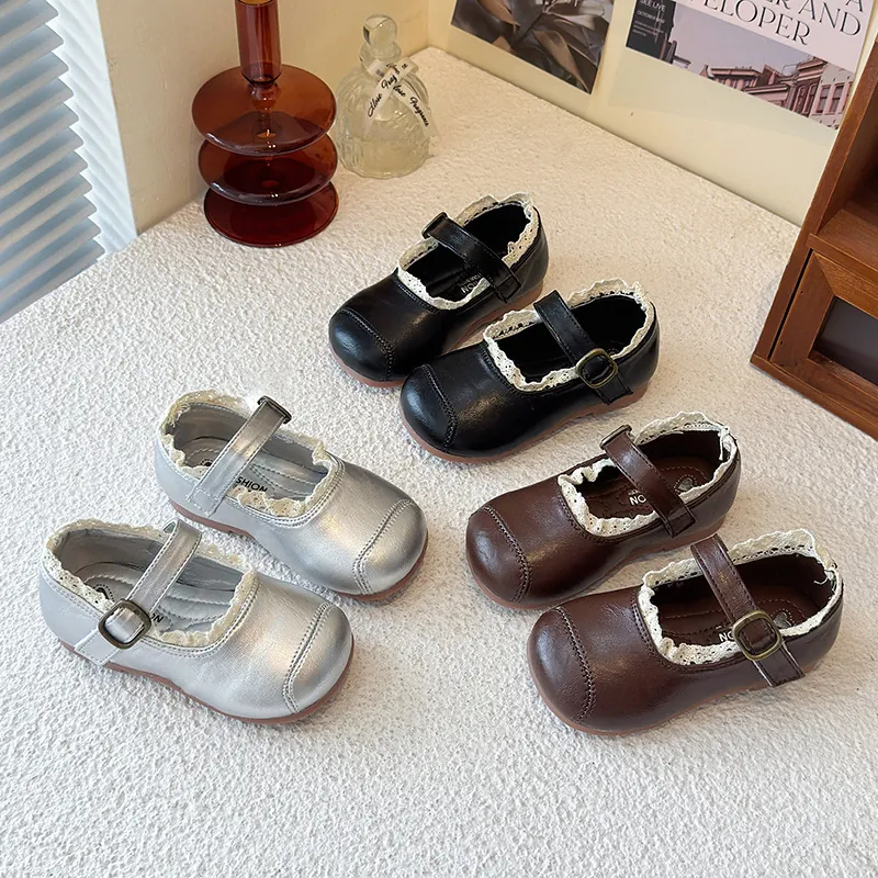 Girl Princess Mary Jane Shoes Lace Trim PU Leather Soft Sole Flat Shoes For Kids Toddler Wedding Party Korean Style