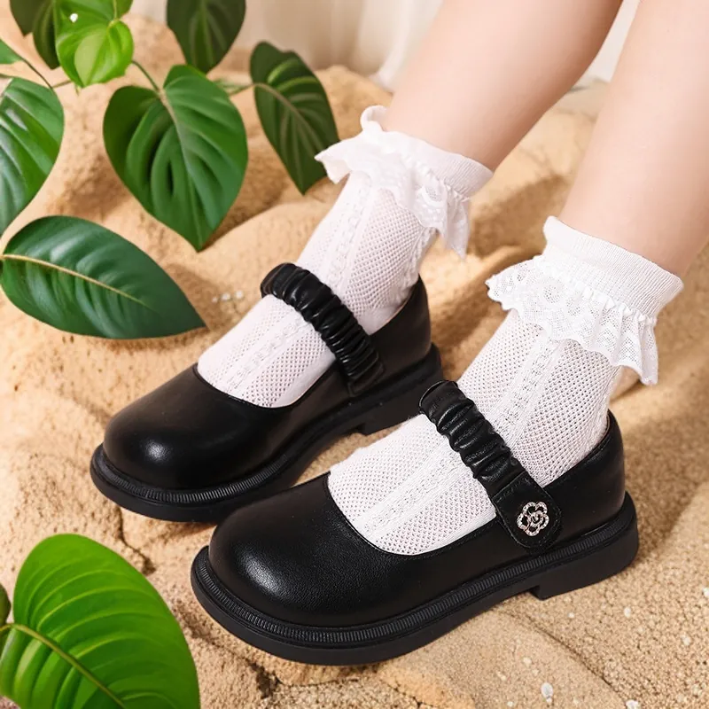 Mädchen Mary Jane Lederschuhe Rindspaltleder Strass Blume Gerüschter Riemen Rutschfeste Weiche Sohle Prinzessin Schulschuhe