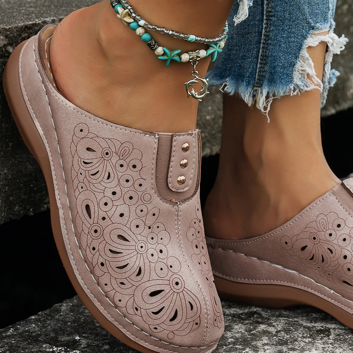 Women Mules Sandals Laser Cut Hollow Out Floral Pattern Metal Studs PU Leather Summer Closed Toe Slippers Clogs Casual Outdoor Beach Shoes
